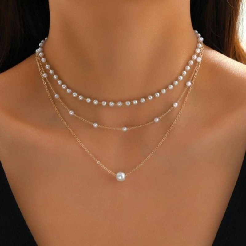 Conjunto de Colar Novo e Fashionável com Pérolas Falsas, Choker em Múltiplas Camadas, Conjunto de Joias Estilosas.